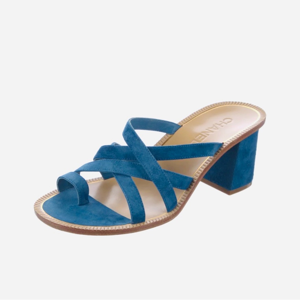 CHANEL Interlocking CC Logo Blue Suede Slides